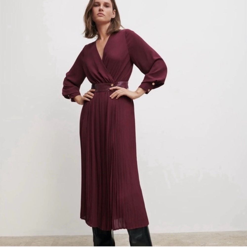 Zara Burgundy Pleated Midi Dress (NWT)